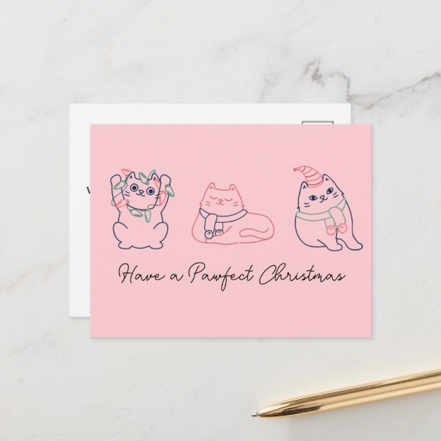 Carte Postale Joli Chat Rose Noël Merci (Devant/Arrière en situation)