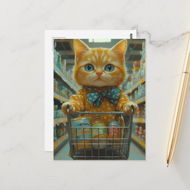 Carte Postale Joli Chat Roux Faisant des Courses (Devant/Arrière en situation)