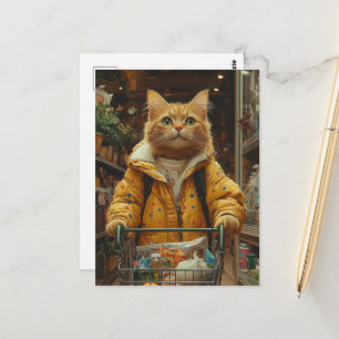 Carte Postale Joli Chat Roux Faisant des Courses