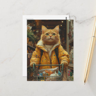 Carte Postale Joli Chat Roux Faisant des Courses