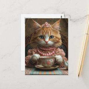 Carte Postale Joli Chat Roux Habillé en Rose au Thé