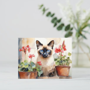 Carte Postale Joli chat siamois à l'aquarelle et fleurs de géran