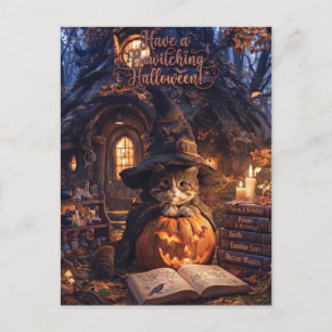 Carte Postale Joli Chat Sorcier Avec Chapeau de Sorcière Derrièr