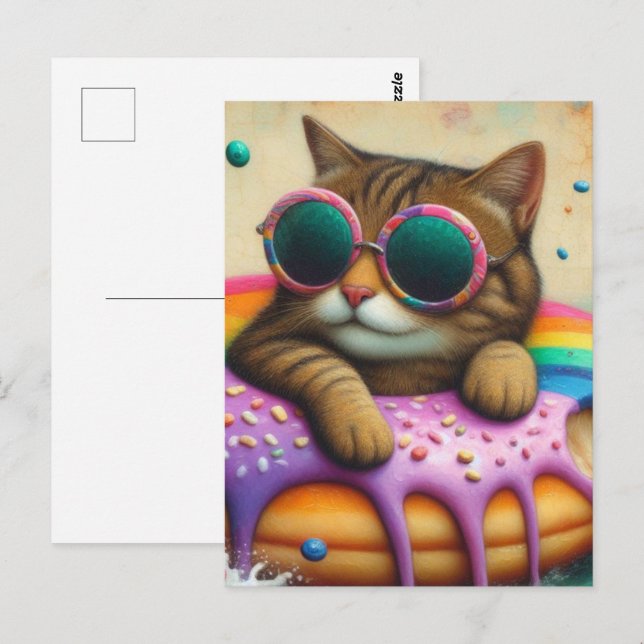 Carte Postale Joli Chat sur un Beignet Flottant (Devant / Derrière)