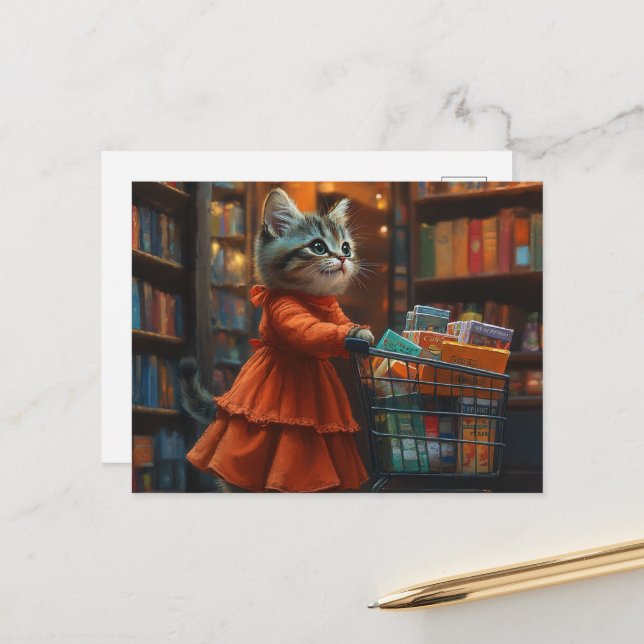 Carte Postale Joli Chaton en Robe Orange Faisant des Courses (Devant/Arrière en situation)