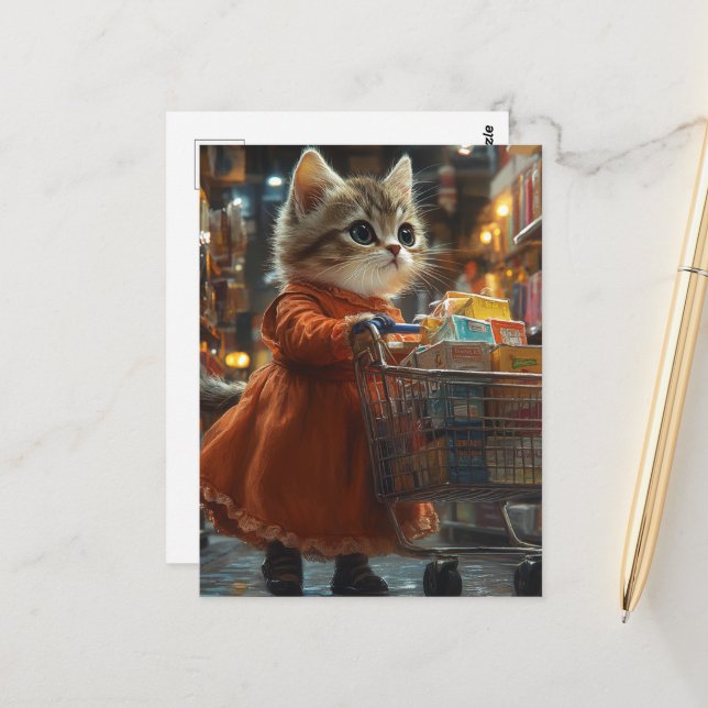 Carte Postale Joli Chaton Faisant des Courses (Devant/Arrière en situation)
