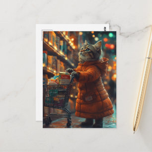 Carte Postale Joli chaton habillé en orange faisant des courses