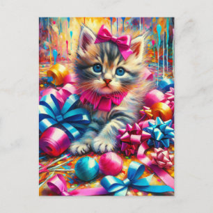 Carte Postale Joli chaton jouant avec des nœuds et des rubans d'