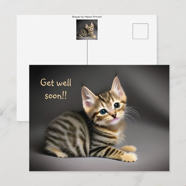 Carte Postale Joli chaton tabby fluffy bébé "remets-toi vite"  (Devant / Derrière)