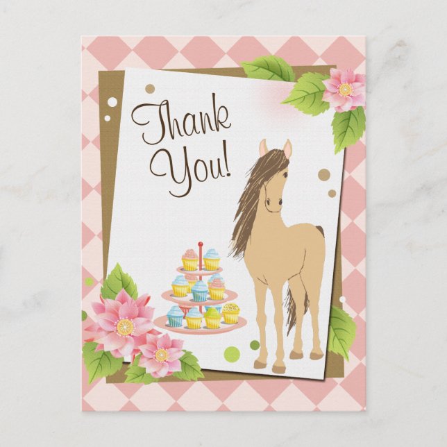 Carte Postale Joli cheval Brown et Merci de fleurs roses (Devant)