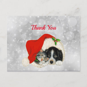 Carte Postale Joli Chien Chat Père Noël Casquette Noël Merci