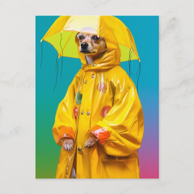Carte Postale Joli Chien dans un Manteau Jaune de Pluie (Devant)
