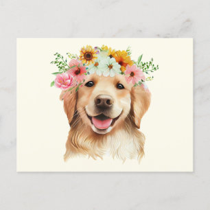 Carte Postale Joli chien Retriever doré avec des fleurs 