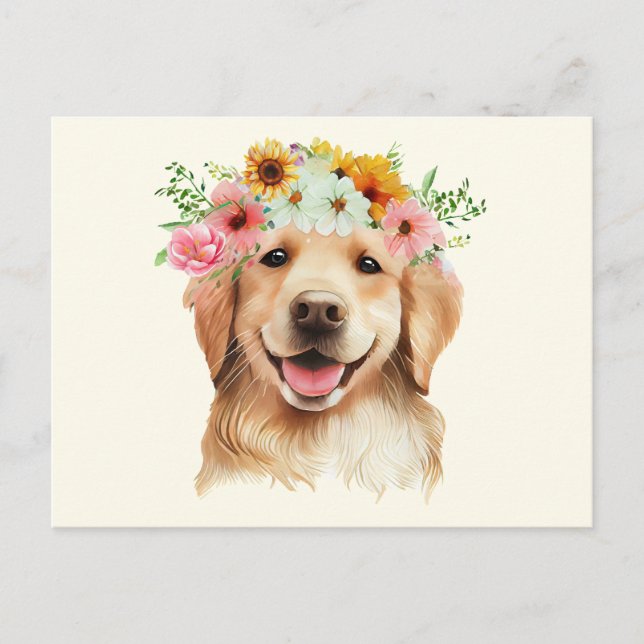 Carte Postale Joli chien Retriever doré avec des fleurs  (Devant)