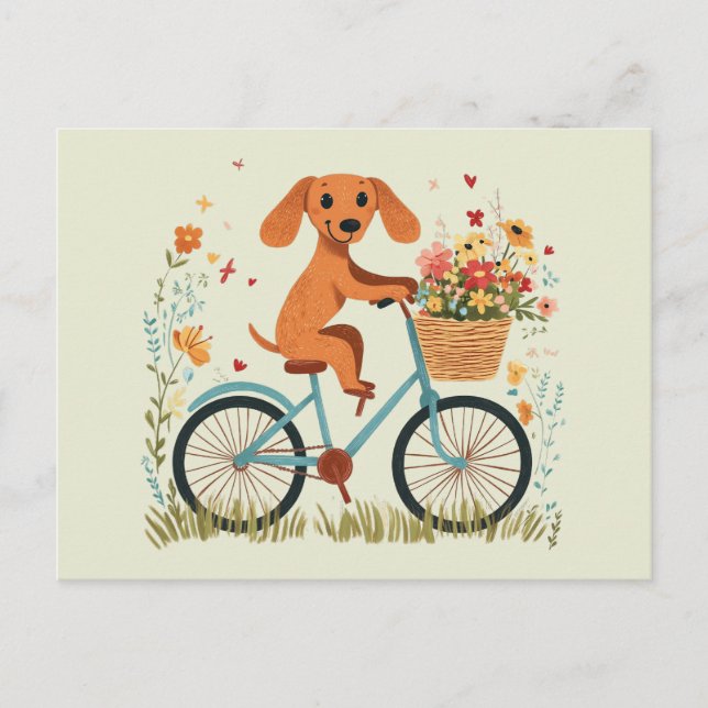 Carte Postale Joli chien teckel à vélo Fleurs de printemps (Devant)