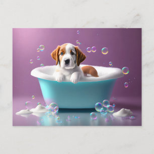 Carte Postale Joli chiot dans une baignoire avec bulles de savon