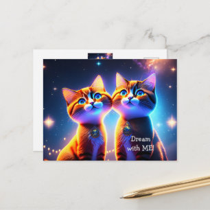 Carte Postale Joli couple de chats sous le ciel étoilé -
