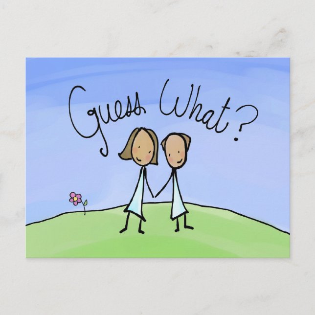 Carte Postale Joli Couple Lesbien Devinez Quoi (Devant)
