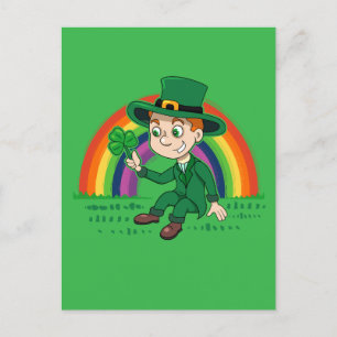 Carte Postale Joli dessin animé leprechaun avec shamrock et arc-