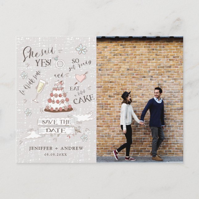 Carte Postale joli doodle romantique Photo Enregistrer la Date (Devant)