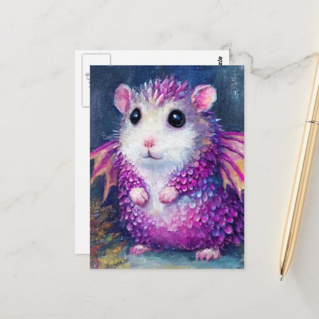 Carte Postale Joli dragon hamster rose (Devant/Arrière en situation)