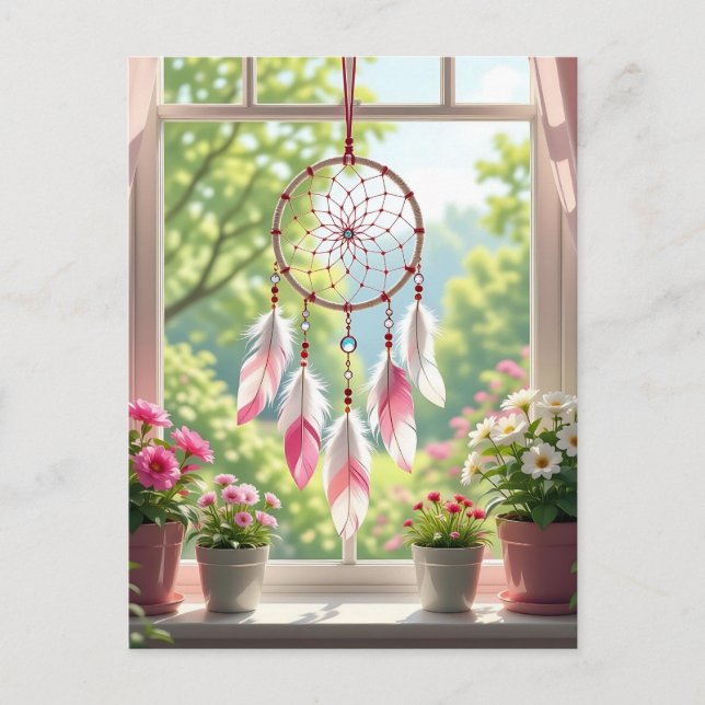 Carte Postale Joli Dreamcatcher rose et Plante (Devant)