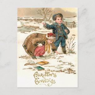 Carte Postale Joli écoliers Vintages jouant dans la neige