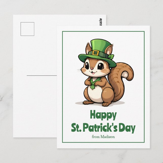 Carte Postale Joli écureuil de la Saint Patrick avec Casquette v (Devant / Derrière)