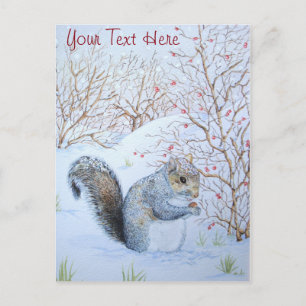 Carte Postale joli écureuil gris scène de neige art animalier