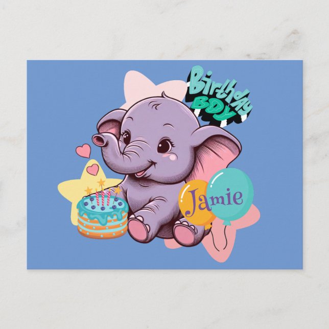 Carte Postale Joli éléphant bébé garçon d'anniversaire (Devant)