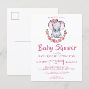 Carte Postale Joli éléphant floral rose Baby shower Invitation P
