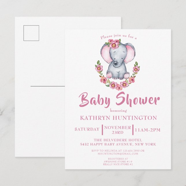 Carte Postale Joli éléphant floral rose Baby shower Invitation P (Devant / Derrière)