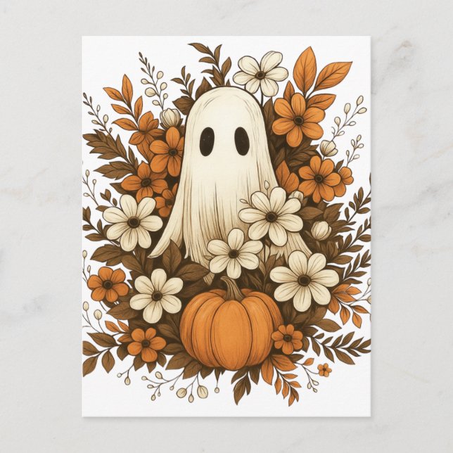 Carte Postale Joli Fantôme avec Citrouille et Fleurs d'Automne – (Devant)