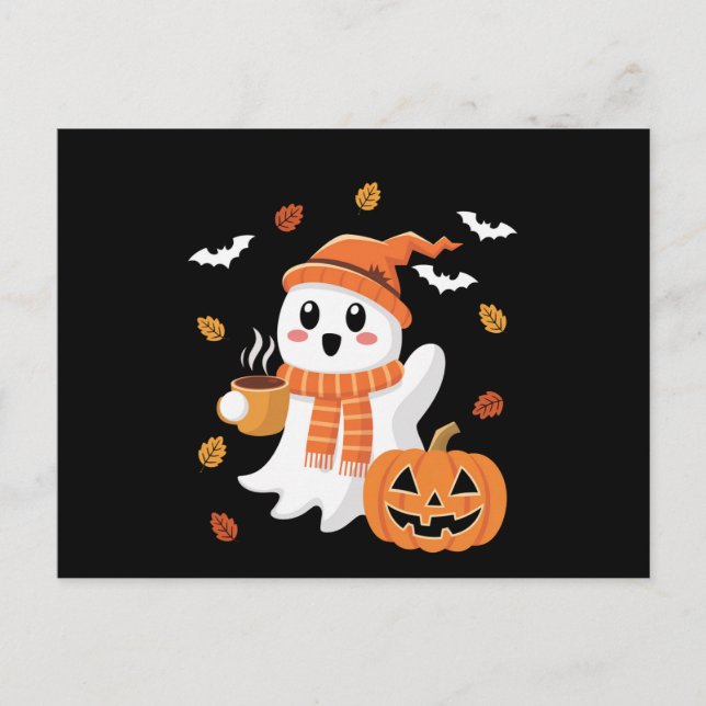 Carte Postale Joli fantôme buvant un café glacé Halloween  (Devant)