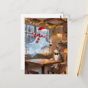 Carte Postale Joli fantôme de Noël servant un chat dans un café