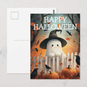 Carte Postale Joli fantôme d'Halloween avec citrouilles et corbe