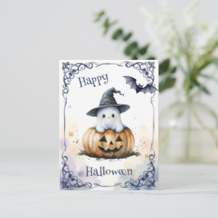 Carte Postale Joli fantôme Halloween à l'aquarelle sur une citro