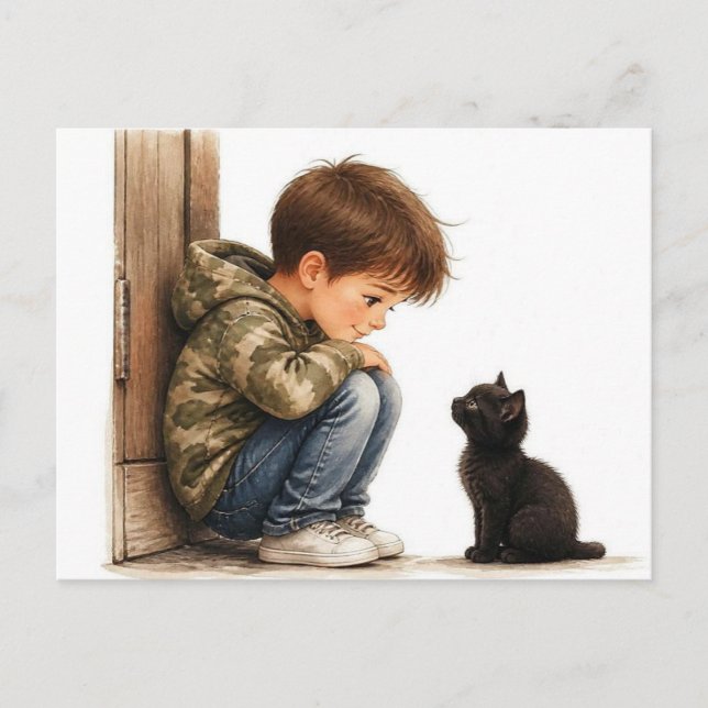 Carte Postale Joli garçon et petit chaton noir (Devant)
