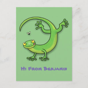 Carte Postale Joli gecko vert salutations avec dessin animé