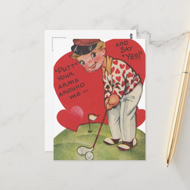 Carte Postale Joli golfeur rétro vintage Valentine (Devant/Arrière en situation)