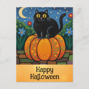 Carte Postale Joli Halloween Chat noir Citrouille orange