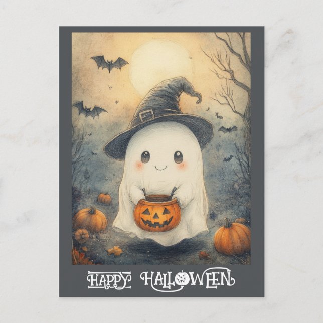 Carte Postale Joli Halloween Ghost Trick ou Citrouille de traite (Devant)