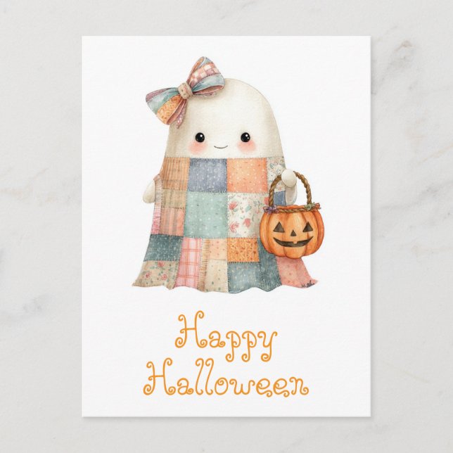 Carte Postale Joli Halloween Ghost Trick ou Treat Citrouille (Devant)