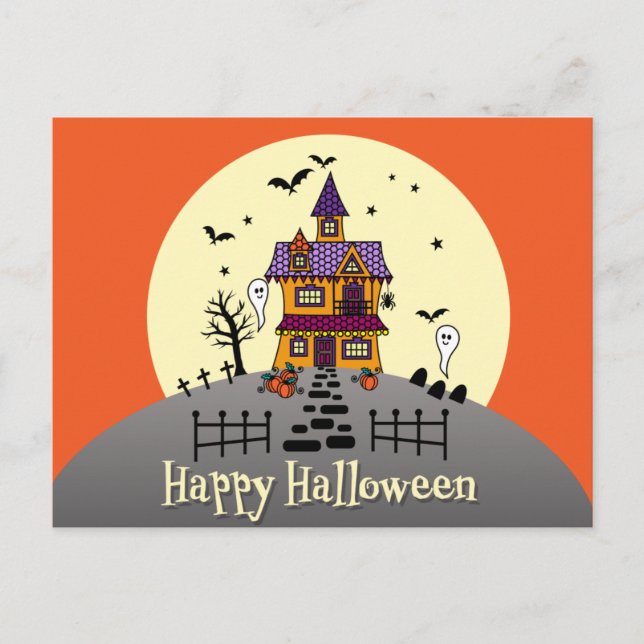 Carte Postale Joli Halloween Maison Hantée (Devant)