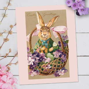 Carte Postale Joli lapin de Pâques Vintage en panier avec Violet