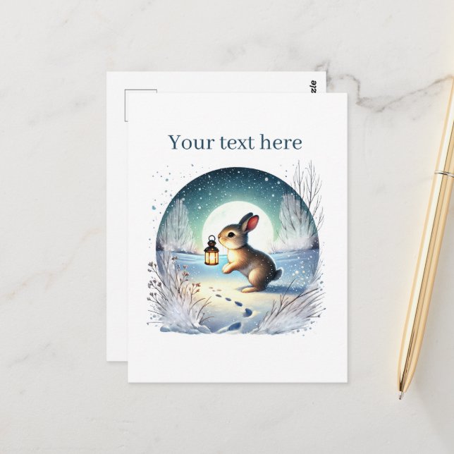 Carte Postale Joli lapin d'hiver personnalisable (Devant/Arrière en situation)
