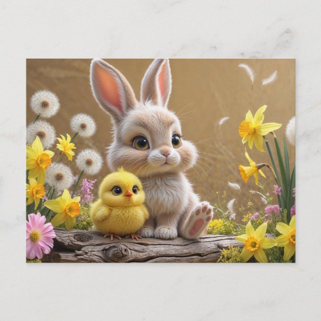 Carte Postale Joli lapin et bébé poussin dans le jardin du print (Devant)