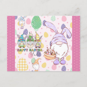 Carte Postale Joli lapin Gnome Pâques rose