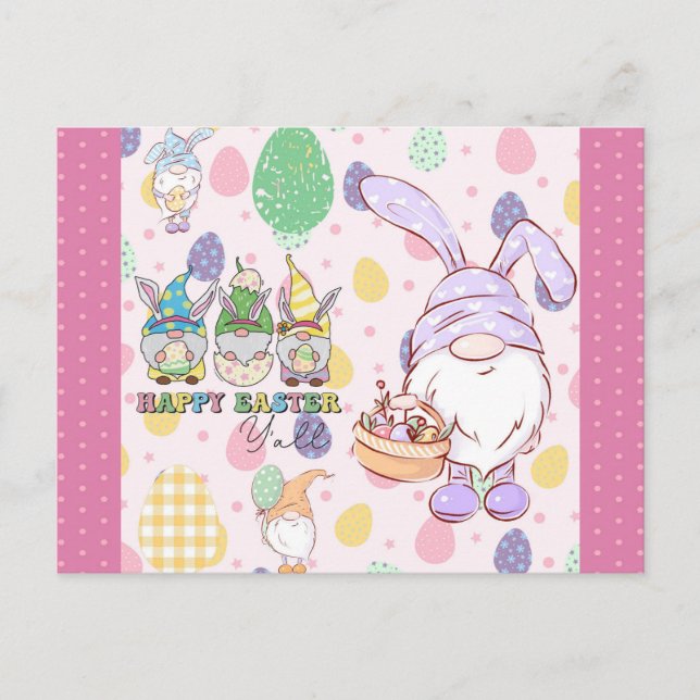 Carte Postale Joli lapin Gnome Pâques rose (Devant)