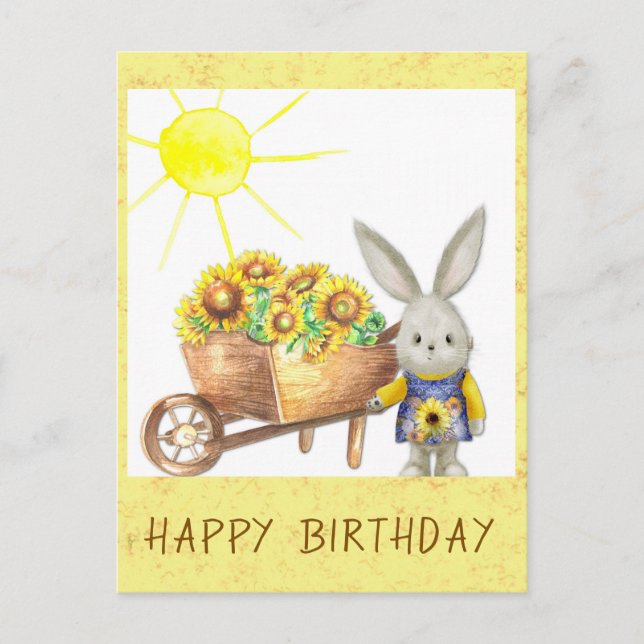 Carte Postale Joli Lapin Tournesol Joyeux Anniversaire (Devant)